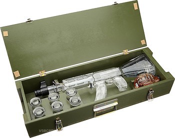 Фото Red Army Vodka автомат Калашникова 1 л в деревянной коробке с миниатюрой 0.2 л в виде гранаты и 6 рюмками