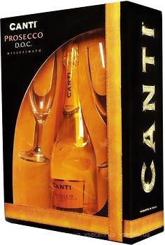 Фото Canti Prosecco Millesimato біле екстра-сухе + 2 келиха 0.75 л в упаковці