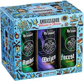 Фото Волинський Бровар Ambassador Amber, Weizen, Forest IPA, Porter 4.4-5.8% ж/б 6x0.5 л