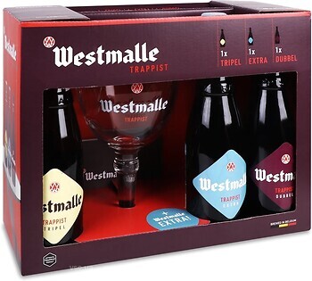 Фото Westmalle Trappist Tripel, Dubbel, Extra 3x0.33 л в подарочной упаковке + бокал