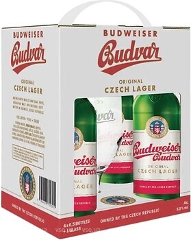 Фото Budweiser Budvar B:Original 5% 4x0.5 л + бокал 0.33 л в упаковке