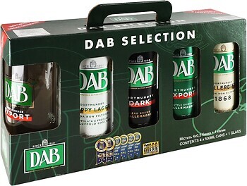 Фото DAB Dortmunder Export, Kellerbier, Dark Beer, Hoppy Lager з/б 4x0.5 л + келих в упаковці