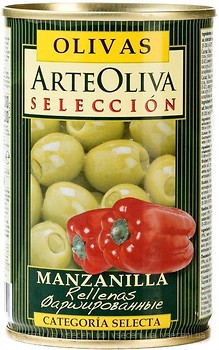 Фото Arte Oliva оливки зелені фаршировані червоним перцем 300 г