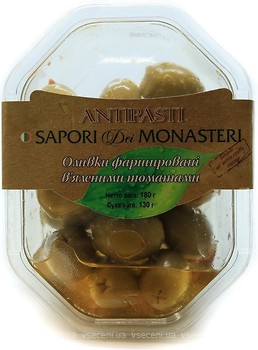 Фото Sapori Dei Monasteri оливки зеленые фаршированные вялеными томатами 180 г