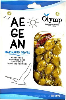 Фото Olymp оливки зеленые с косточкой маринованные с травами, перцем и лимоном 250 г