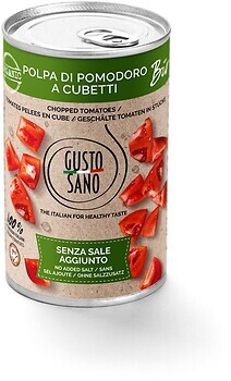 Фото Gusto Sano томати очищені різані 400 г