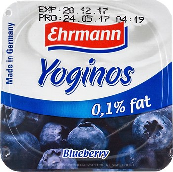 Фото Ehrmann йогурт густий Yoginos Чорниця 0.1% 100 г