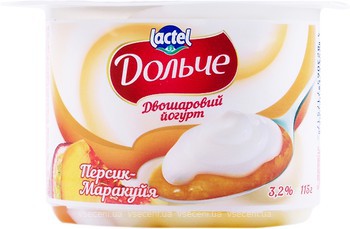 Фото Дольче йогурт густой двухслойный Персик-маракуйя 3.2% 115 г