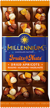 Фото Millennium молочний Fruits & Nuts з мигдалем, цільними лісовими горіхами, курагою і родзинками 80 г