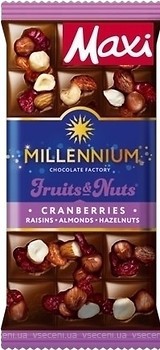 Фото Millennium молочний Fruits & Nuts з мигдалем, цільними лісовими горіхами, журавлиною і родзинками 140 г