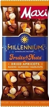 Фото Millennium молочный Fruits & Nuts с миндалем, цельными лесными орехами, курагой и изюмом 140 г