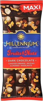 Фото Millennium чорний Fruits & Nuts з мигдалем, цільними лісовими горіхами, апельсиновими цукатами й родзинками 140 г