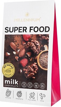 Фото Millennium Super Food молочний шоколад із мигдалем, малиною, насінням льону та чіа 80 г