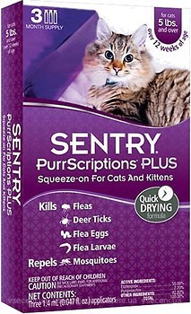Фото Sentry Капли PurrScriptions Plus для кошек от 2.2 кг 1 шт.