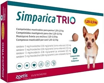 Фото Zoetis Пігулки Сімпаріка Тріо (Simparica Trio) 3 мг, 1.25-2.5 кг 3 шт