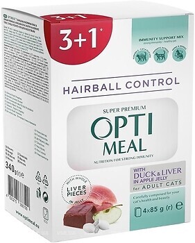 Фото Optimeal For Adult Cats Hairball Control Duck & Liver in Apple Jelly 4x85 г