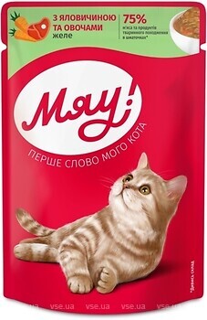 Фото Мяу! Консервований корм з телятиною і овочами в желе 24x85 г